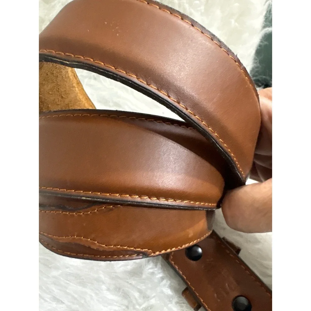 Vintage Western Brown Genuine Leather Belt Engraved Silver Buckle 46 11016